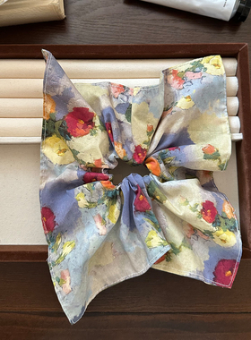 夏日油画风玫瑰花朵方巾大肠发圈