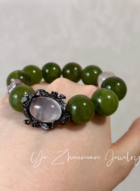 不退换！天然岫玉粉晶玻利维亚紫水晶大点位设计女生夸张复古手链