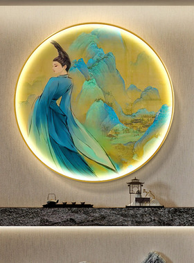 网红新画中式装饰画千此青里江图挂光形画圆玄关只绿包山灯间壁画
