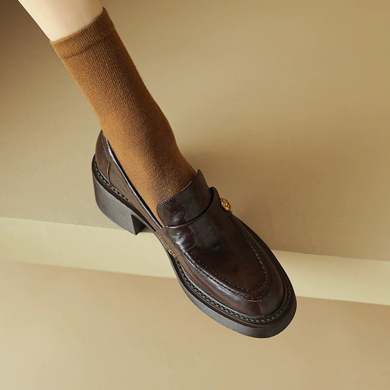 高跟方头高级感乐福鞋一脚蹬女鞋2025春季厚底春季粗跟黑色小皮鞋,淘宝优惠券,粉丝福利购,淘宝优惠卷