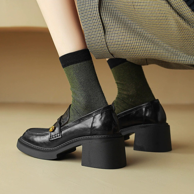 高跟方头高级感乐福鞋一脚蹬女鞋2025春季厚底春季粗跟黑色小皮鞋,淘宝优惠券,粉丝福利购,淘宝优惠卷