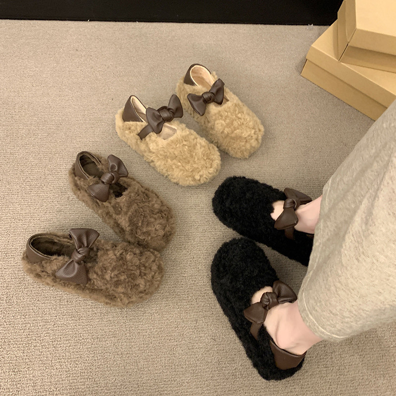 羊羔绒毛毛鞋女2025新款秋冬晚晚风蝴蝶结平底玛丽珍软底豆豆棉鞋,淘宝优惠券,粉丝福利购,淘宝优惠卷