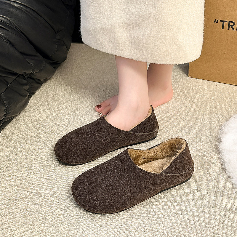 复古毛呢加绒保暖毛毛鞋女2025秋冬新款一脚蹬平底勃肯棉鞋穆勒鞋,淘宝优惠券,粉丝福利购,淘宝优惠卷