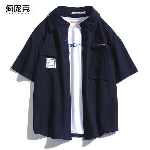 机能风衬衫短袖男士宽松大码潮流港风复古痞帅衬衣百搭外套情侣装 - 图0