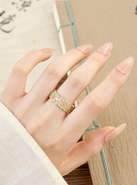 [九万枝] 新中式国风珐琅彩足银999.9樱花戒指女小众百搭开口指环