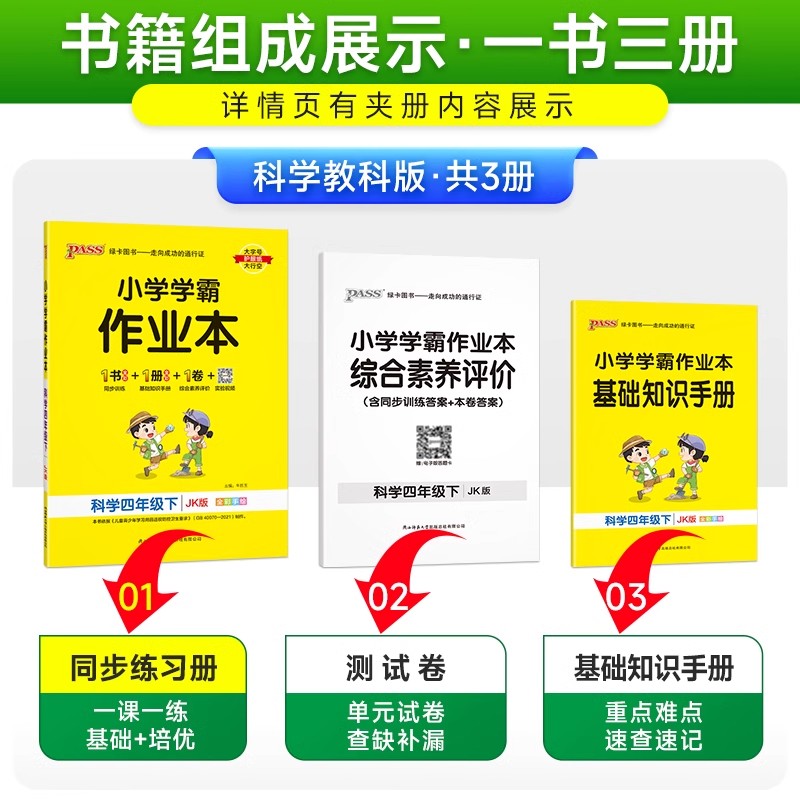 2024春季小学学霸作业本科学四年级下册教科版JK pass绿卡图书小学4年级下课时作业本教材同步天天练随堂练习册训练辅导书-图1