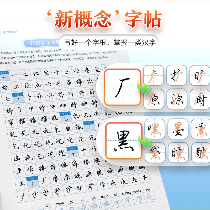 字根速练7000字行楷偏旁部首笔画合体字独体字新概念字帖同类字合并精编排优质临摹纸书写顺滑高清印刷宜于临摹生僻字注音荆霄鹏 - 图1