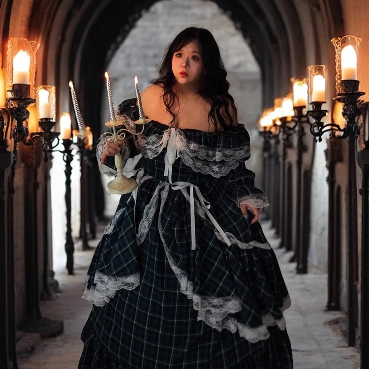 肉肉梦大码定制～复古绿色格子重工礼服裙拖地长裙宫廷感文艺气质,淘宝优惠券,粉丝福利购,淘宝优惠卷