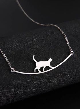 喵咪锁骨链弧形简约可爱动物项链轻奢个性小众可爱攀爬猫咪锁骨链