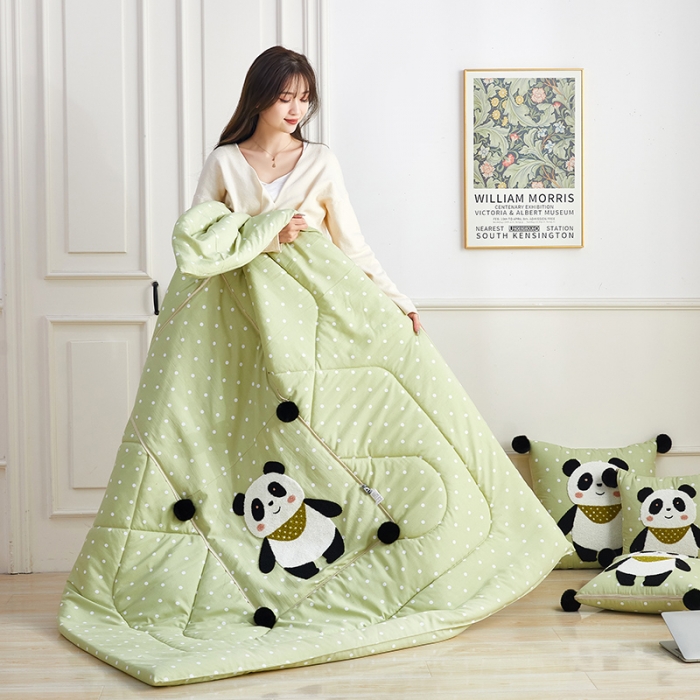 四季通用水洗印花棉麻四季款波点熊猫团子抱枕被两用沙发空调被子-图3