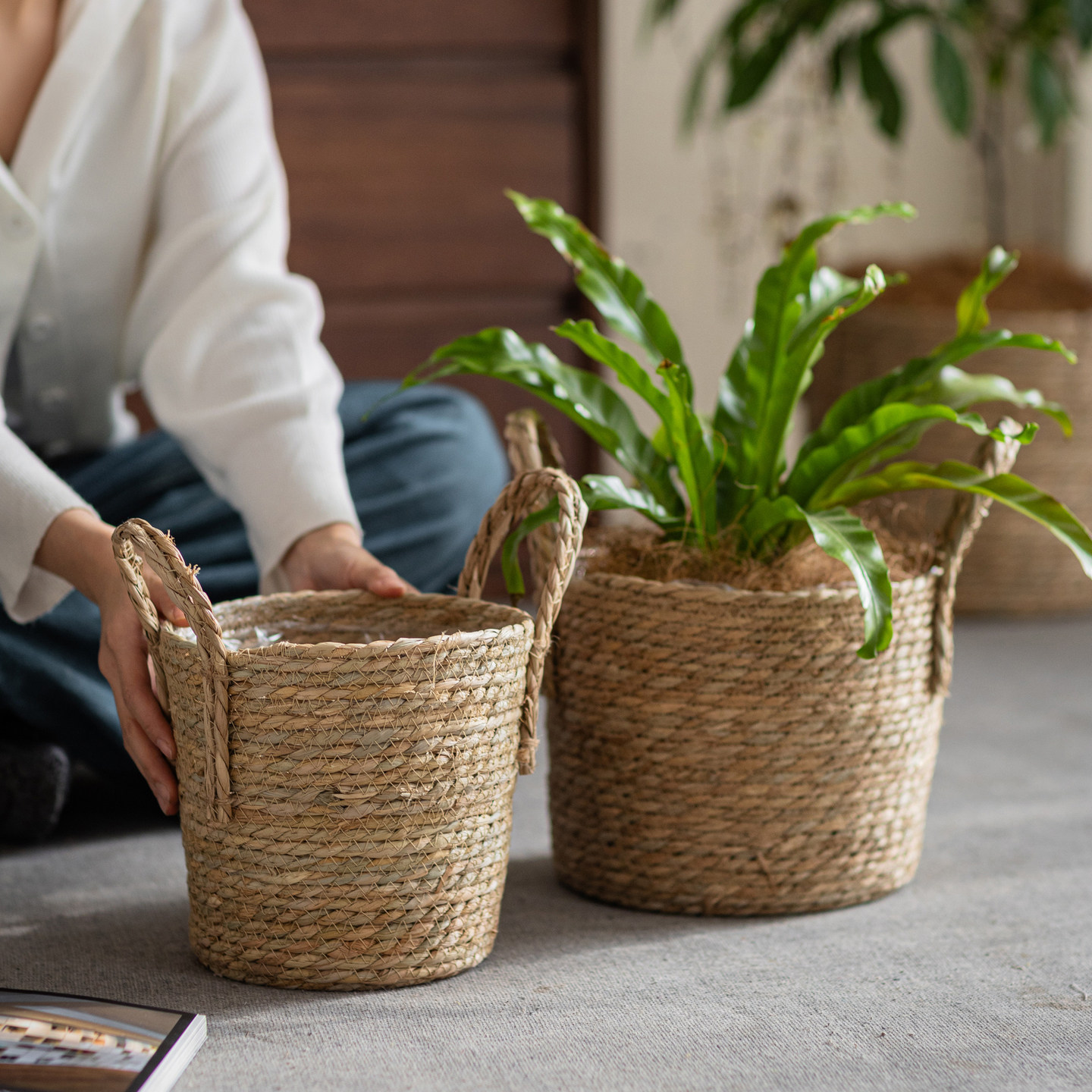 筐子草编藤编编织篮子花篮竹编花盆套绿植草编筐植物装饰套藤编筐,淘宝优惠券,粉丝福利购,淘宝优惠卷