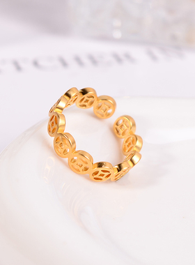 铜合金戒指 铜钱戒指女小众设计招财钱币指环轻奢高级感手饰品
