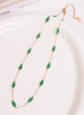 钛钢项链 新中式薄荷绿色串珠项链女轻奢气质时尚锁骨链配饰品