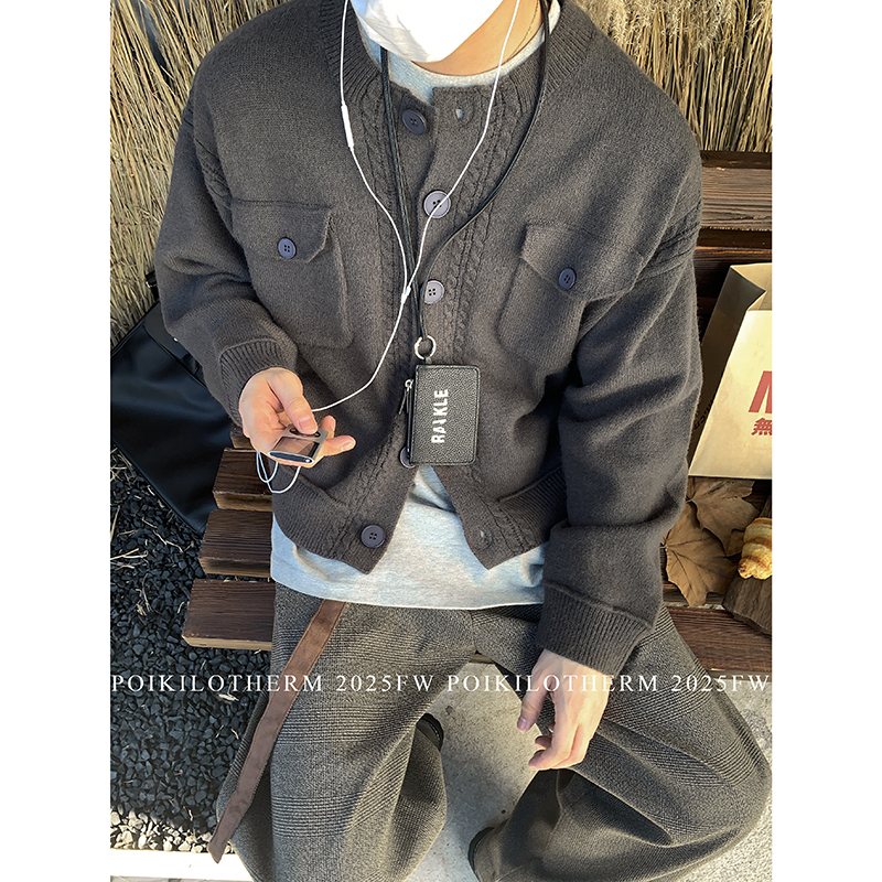 PLTH*老钱风高级感短款开衫毛衣男cleanfitt口袋设计慵懒针织外套 - 图1