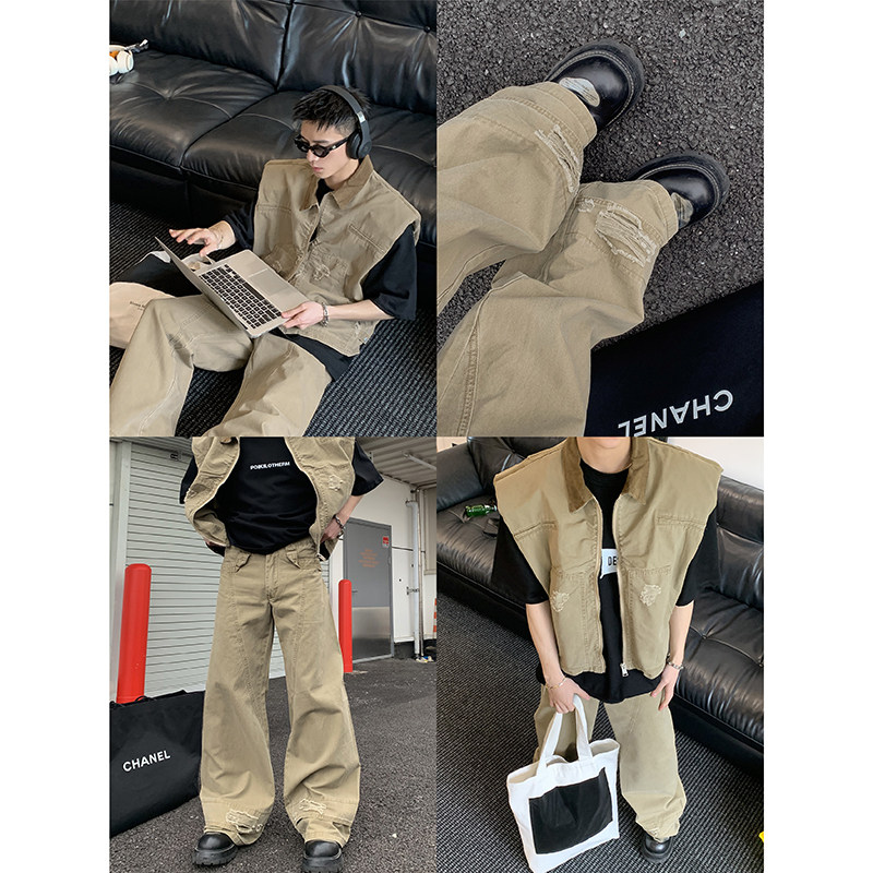 PLTH*美式潮牌复古牛仔夹克廓形设计坎肩马甲直筒拖地裤套装男,淘宝优惠券,粉丝福利购,淘宝优惠卷