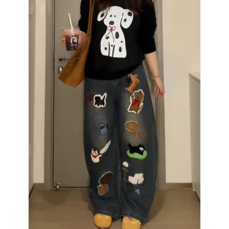 大码胖mm美式复古卡通贴布刺绣弯刀牛仔裤女秋冬设计感宽松阔腿裤,淘宝优惠券,粉丝福利购,淘宝优惠卷