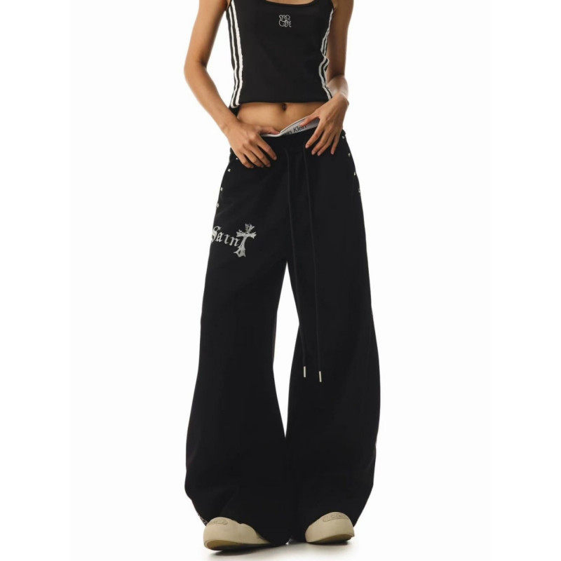 大码胖mm美式豹纹拼接字母印花休闲裤女春季宽松爵士舞弯刀阔腿裤,淘宝优惠券,粉丝福利购,淘宝优惠卷