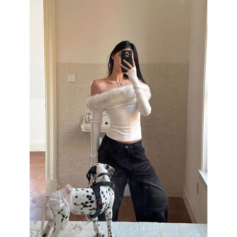 大码胖mm美式复古一字肩毛领长袖T恤女秋冬季设计感修身别致上衣,淘宝优惠券,粉丝福利购,淘宝优惠卷