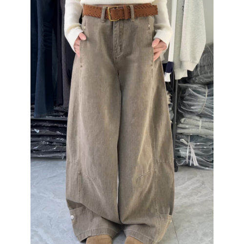 大码胖mm美式复古高腰工装牛仔裤女秋冬设计感宽松显瘦阔腿拖地裤 - 图0