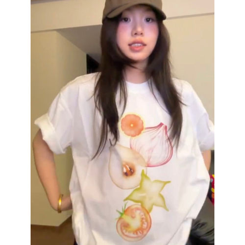 大码胖mm美式水果印花白色短袖t恤女夏季设计感宽松百搭休闲上衣 - 图0