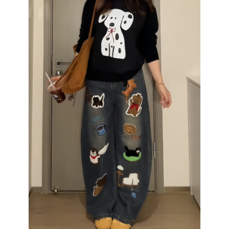 大码胖mm美式复古卡通贴布刺绣弯刀牛仔裤女秋冬设计感宽松阔腿裤,淘宝优惠券,粉丝福利购,淘宝优惠卷