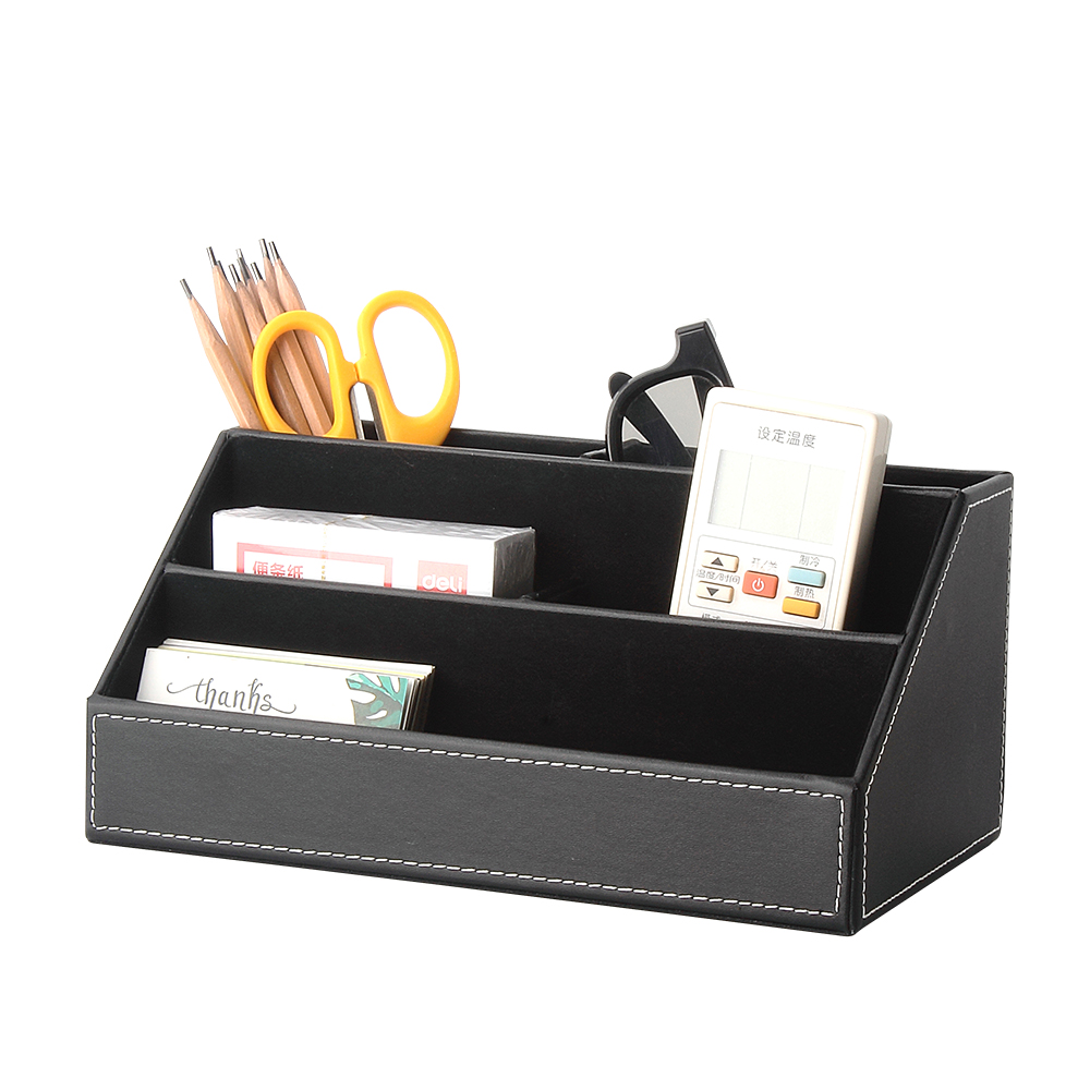 皮质桌面收纳盒 黑色杂物整理储物座 商务办公用品文具笔筒定制