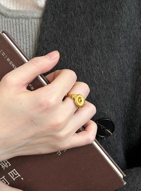 古风拉丝平安扣黄金色戒指