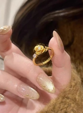 新款黄金色轻奢复古拉丝玫瑰花闪钻戒指女百搭高级感指戒小众指环