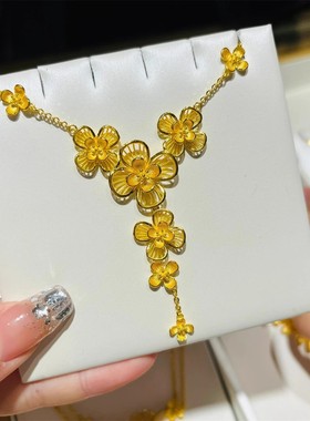 古法金梅花落雪一体链项链女镂空花朵流苏吊坠黄金婚嫁首饰锁骨链