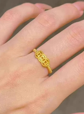 国风钱币黄金戒指女 钱串子金色铜钱素圈指环活口食指戒999送礼物