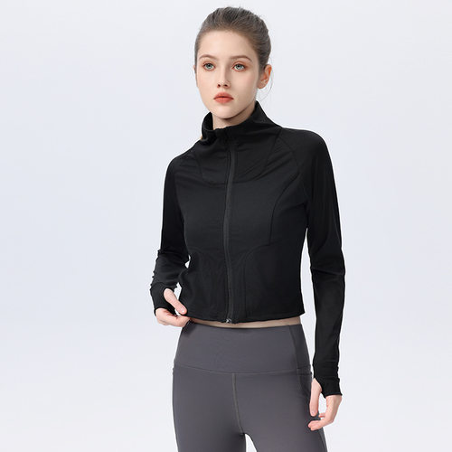 lu春秋瑜伽服外套女健身长袖跑步修身连帽运动上衣拉链速干衣 - 图0