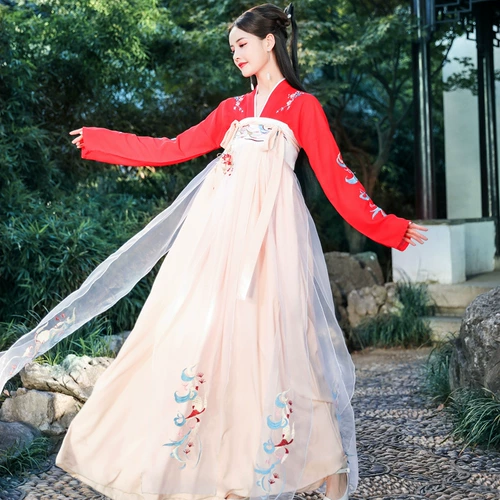 Ханфу Женская Юбка Ци -грудь, элегантный супер бессмертный газовый костюм Полный комплект системы тан с китайским стилем ежедневно носить весеннюю подлинную