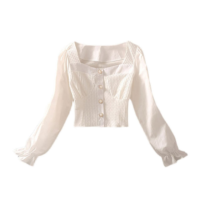 Designed square neckline princess sleeve short solid color shirt