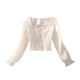 Designed square neckline princess sleeve short solid color shirt