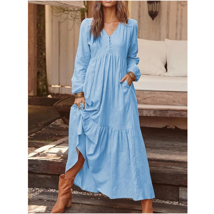 2021 women's button casual long-sleeved one-piece dress - 图2