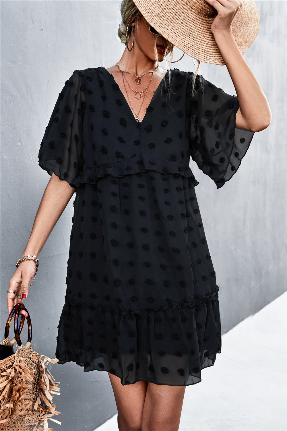 Summer 2022 V-neck casual jacquard fur ball dress women - 图3