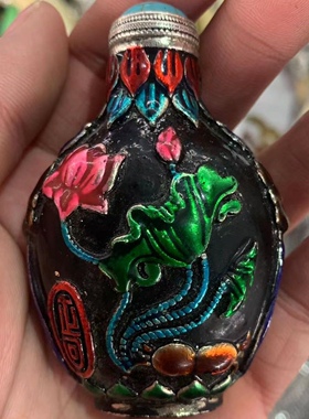 古玩收藏品纯铜藏银彩绘年年有鱼鼻烟壶烟具内画鼻烟壶民间特色