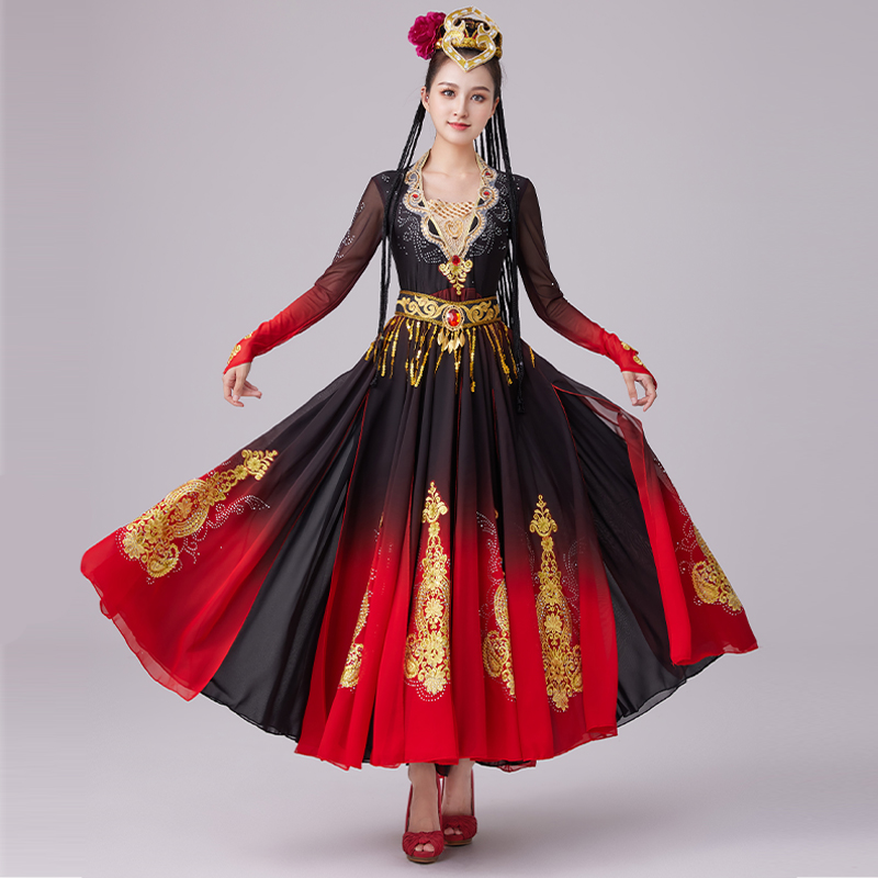 新疆舞蹈服装新款大摆裙红色演出服 阿幸民族服装/舞台装