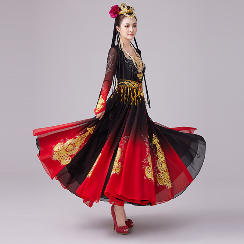 新疆舞蹈服装新款大摆裙红色演出服 阿幸民族服装/舞台装