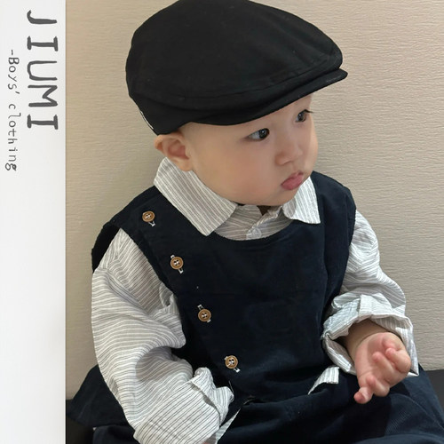 男童2026春季新款帅气套装儿童条纹衬衫男宝宝生日周岁礼服三件套 - 图3