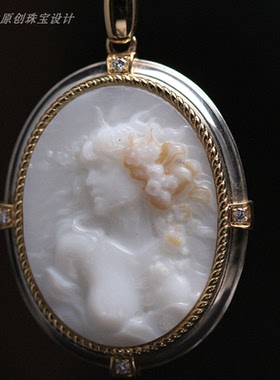 致敬经典丨奥菲利亚花神莎士比亚经典贝母人像雕刻18K金银钻石坠