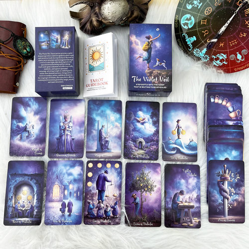 原创紫色梦幻塔牌The Violet Veil Tarot天地盖12×7英文卡牌游戏 - 图1