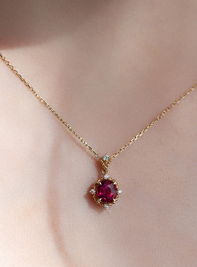 S925纯银镀18K金红宝石项链轻奢复古百搭气质石榴红锆石锁骨链女