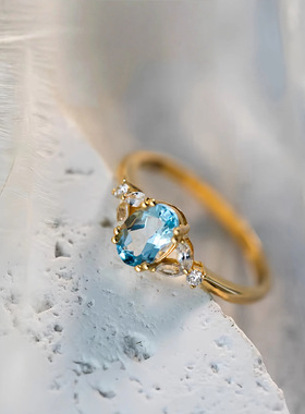 S925纯银镀18K金海蓝宝石钻戒指女小众开口设计轻奢高级百搭手饰