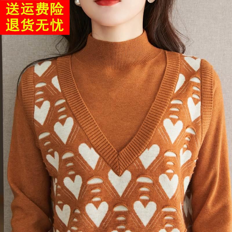 毛衣女装秋冬季2023新款外穿半高领假两件针织打底衫加厚爆款上衣