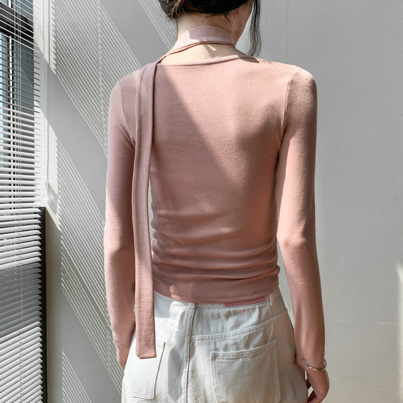 歌倍尚飘带方领长袖T恤女2025初春新款修身洋气高级感内搭打底衫 - 图1