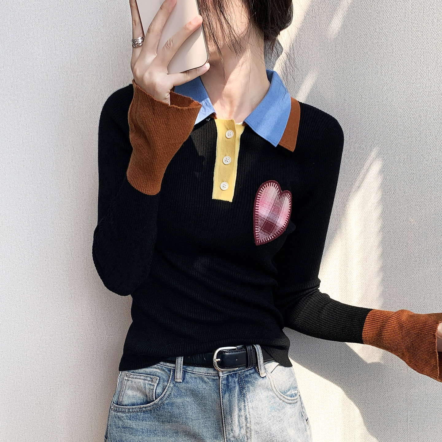 韩系撞色Polo领长袖针织衫女2025新款毛衣修身上衣气质内搭打底衫,淘宝优惠券,粉丝福利购,淘宝优惠卷