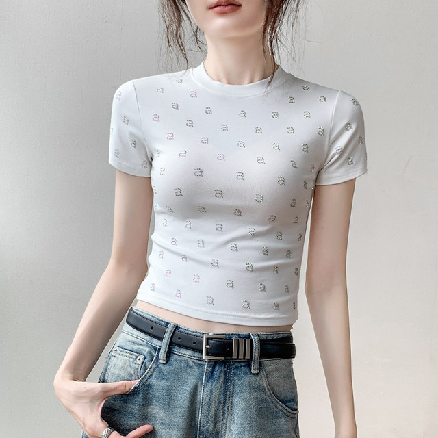 Gebeishang Slim Fit Hot Diamond Style ເສື້ອຍືດແຂນສັ້ນສໍາລັບແມ່ຍິງ