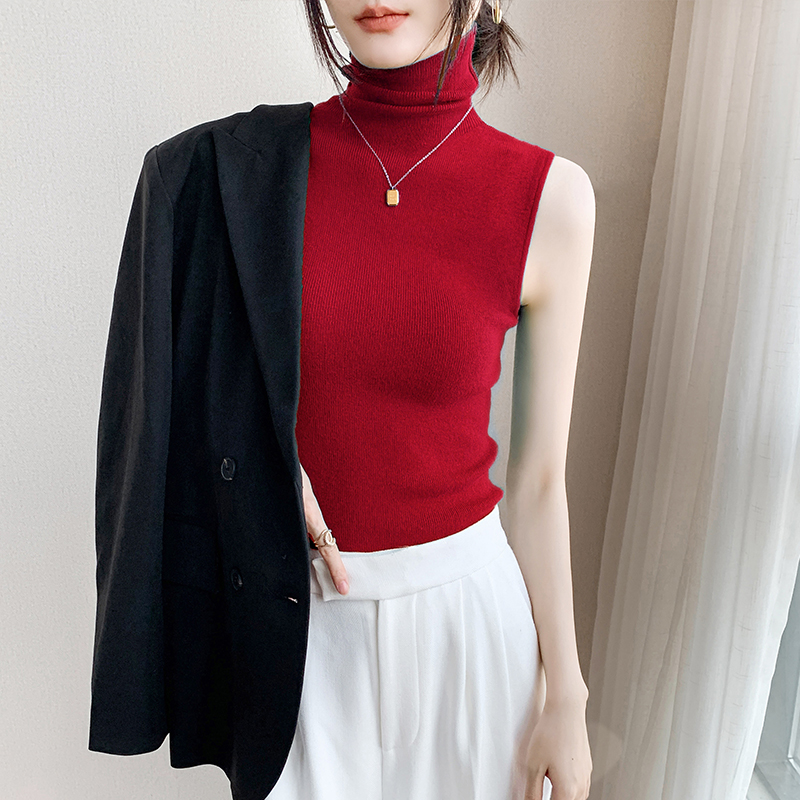 羊毛高领打底衫女2025春季修身显瘦毛衣堆堆领背心内搭无袖针织衫 - 图3