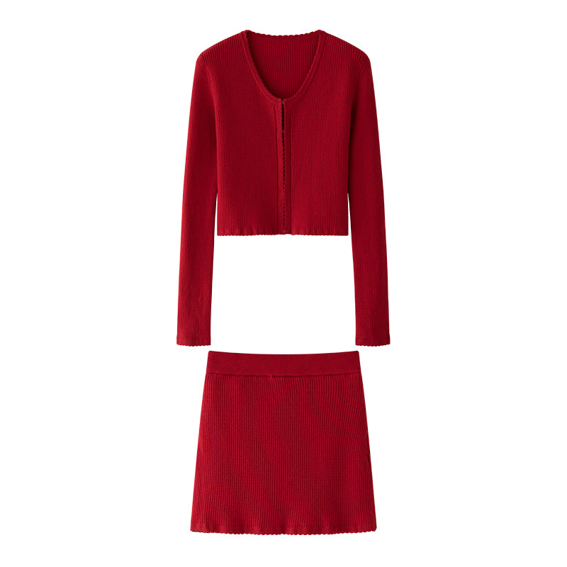 1P STUDIO 红色螺纹针织套装女秋冬开衫吊带包臀裙高级感三件套装,淘宝优惠券,粉丝福利购,淘宝优惠卷